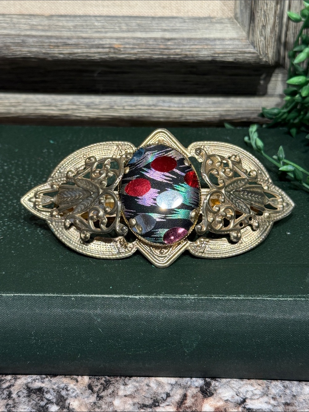 Vintage-Inspired Gold Metal Barrette with Multicolor Cabochon